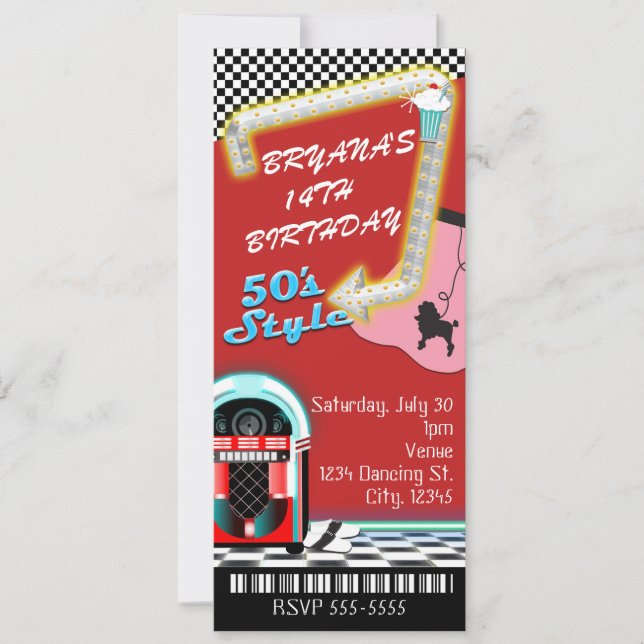 50's 1950's Style Theme Birthday Party Ticket Invitation (Front)