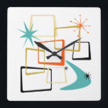 50s Atomic Squares Boomerang Starburst Mid Century Square Wall Clock<br><div class="desc">Add that splash of fun and colour to your wall with this fabulous atomic era mid century modern square wall clock! This design features abstract squares,  starbursts,  and a boomerang in the colours of orange,  turquoise,  cream,  gold,  and black... so funky!</div>