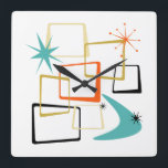50s Atomic Squares Boomerang Starburst Mid Century Square Wall Clock<br><div class="desc">Add that splash of fun and colour to your wall with this fabulous atomic era mid century modern square wall clock! This design features abstract squares,  starbursts,  and a boomerang in the colours of orange,  turquoise,  cream,  gold,  and black... so funky!</div>