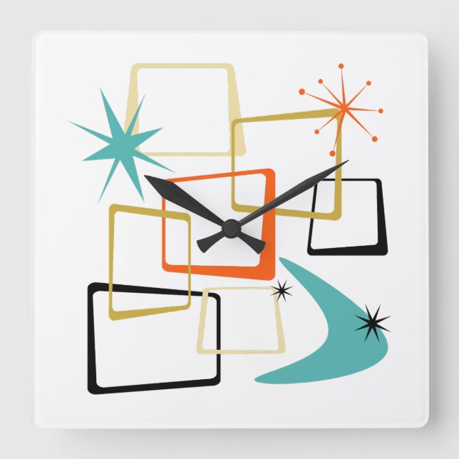 50s Atomic Squares Boomerang Starburst Mid Century Square Wall Clock (Front)
