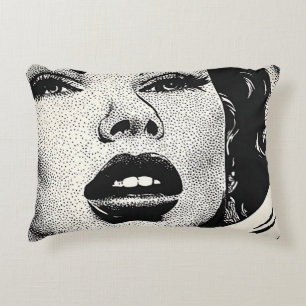 50s BW Graphic Comic Style Dotty Lady Retro Dots Decorative Cushion