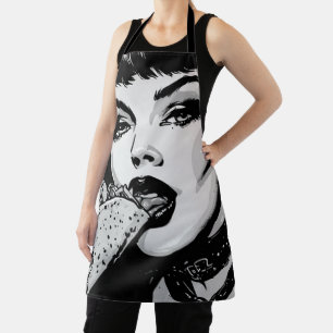 50s BW Graphic Style Goth Girl Eating a Taco Apron