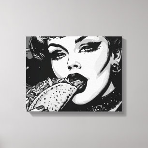 50s BW Graphic Style Goth Girl Eating a Taco Canvas Print
