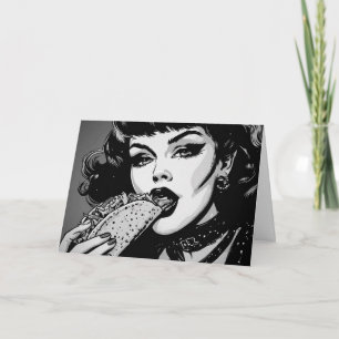 50s BW Graphic Style Goth Girl Eating a Taco Card