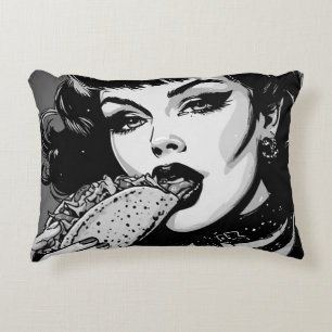 50s BW Graphic Style Goth Girl Eating a Taco Decorative Cushion
