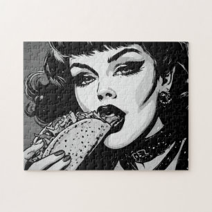 50s BW Graphic Style Goth Girl Eating a Taco Jigsaw Puzzle