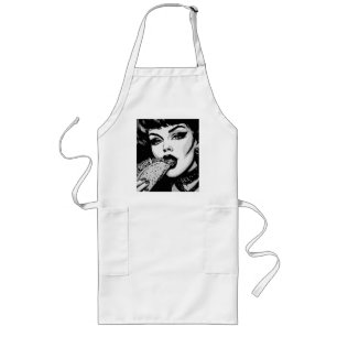 50s BW Graphic Style Goth Girl Eating a Taco Long Apron