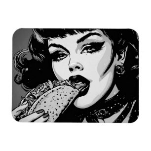 50s BW Graphic Style Goth Girl Eating a Taco Magnet