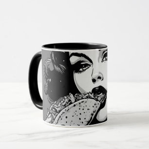 50s BW Graphic Style Goth Girl Eating a Taco Mug