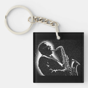 50s BW Graphic Style Saxophone Player Key Ring