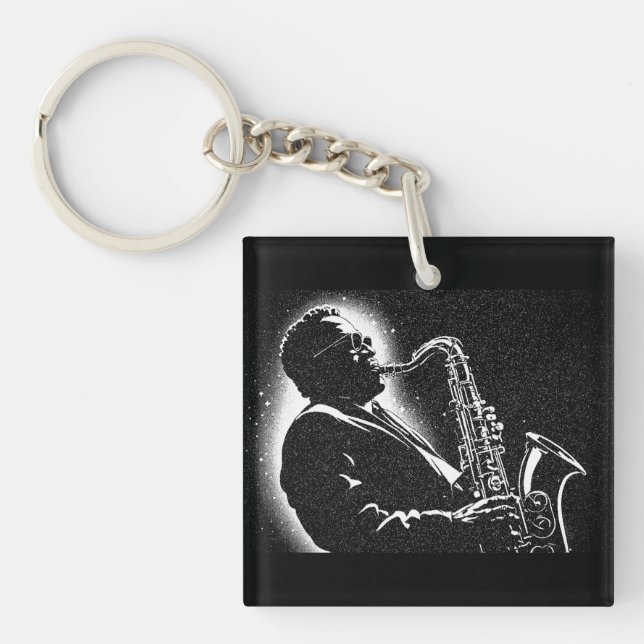 50s BW Graphic Style Saxophone Player Key Ring (Front)