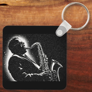 50s BW Graphic Style Saxophone Player Key Ring