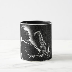50s BW Graphic Style Saxophone Player Mug