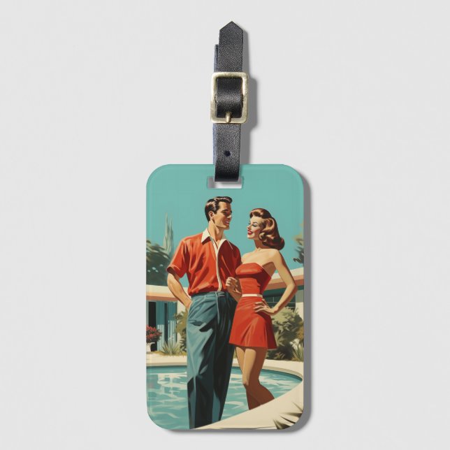 50s Couple By The Pool Luggage Tag (Front Vertical)