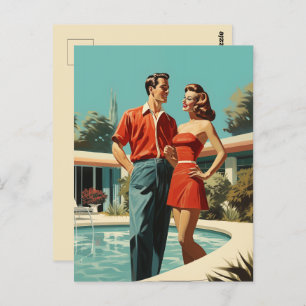 50s Couple By The Pool Postcard