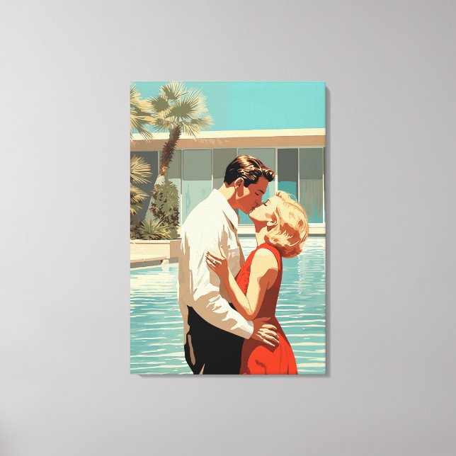 50s Couple Kissing By The Pool Canvas Print (Front)