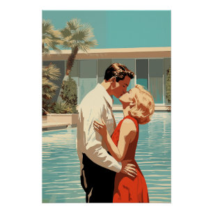 50s Couple Kissing By The Pool Poster