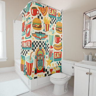 50s diner food pattern shower curtain vintage Amer