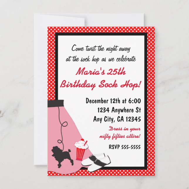 50's fifties Sock Hop Poodle Skirt Red Invitations (Front)