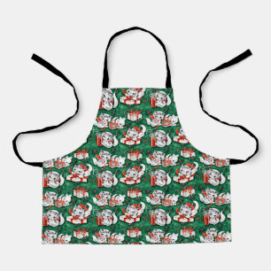 50's Green Vintage Christmas Pattern with Kittens Apron
