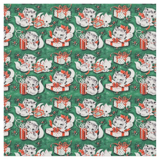 50's Green Vintage Christmas Pattern with Kittens Fabric (Close Up)