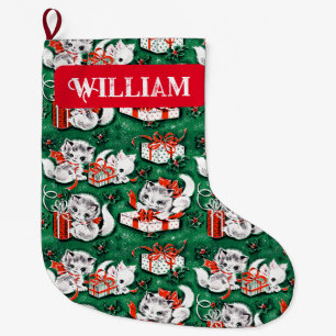 50's Green Vintage Christmas Pattern with Kittens Large Christmas Stocking