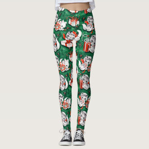 50's Green Vintage Christmas Pattern with Kittens Leggings