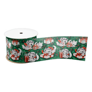 50's Green Vintage Christmas Pattern with Kittens Satin Ribbon