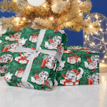 50's Green Vintage Christmas Pattern with Kittens Wrapping Paper<br><div class="desc">A Cute Green Vintage 50's Holiday Christmas Pattern with white fluffy kittens</div>