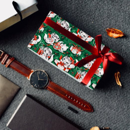 50's Green Vintage Christmas Pattern with Kittens Wrapping Paper Sheet