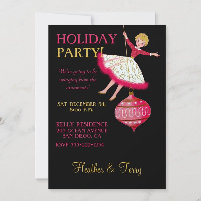 50s Lady Swinging on a Christmas Ornament Holiday Card (Front)