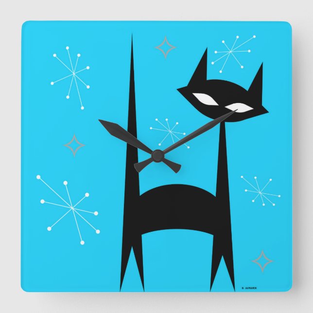 50's Retro Black Cat Blue Pop Art Clock (Front)