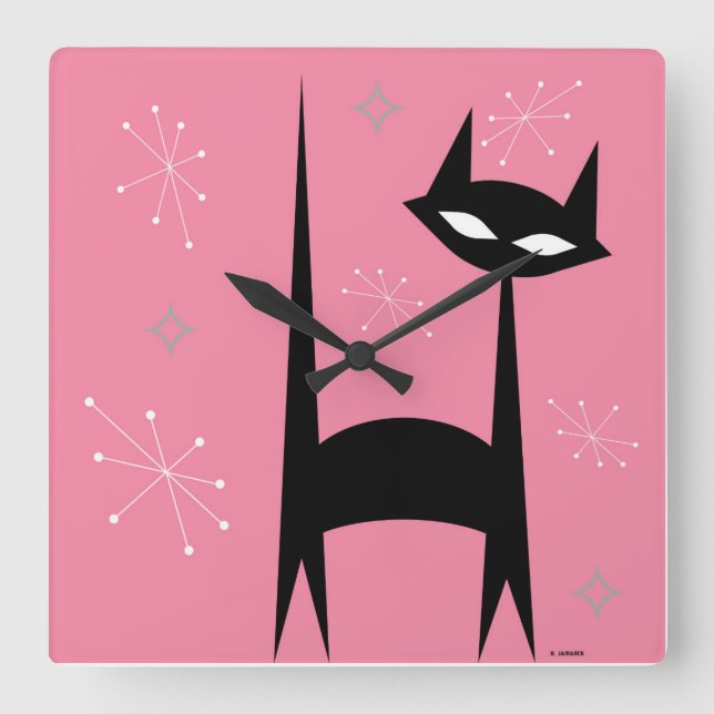50's Retro Black Cat Pink Pop Art Clock (Front)