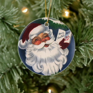50s Retro Jolly Santa Claus, Vintage Christmas Ceramic Tree Decoration