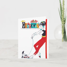 50s Teen Girl on Phone with Kitty Holiday Card