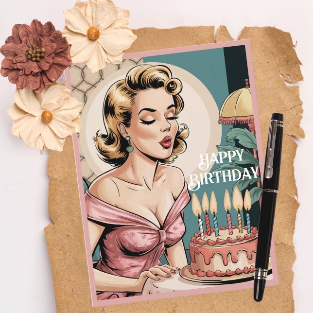 50s Vintage Retro Blonde Woman & Birthday Cake Postcard (Creator Uploaded)