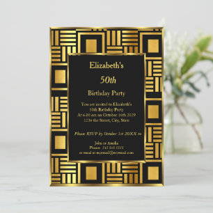 50t Art Deco Birthday Party Gold Black Invitation