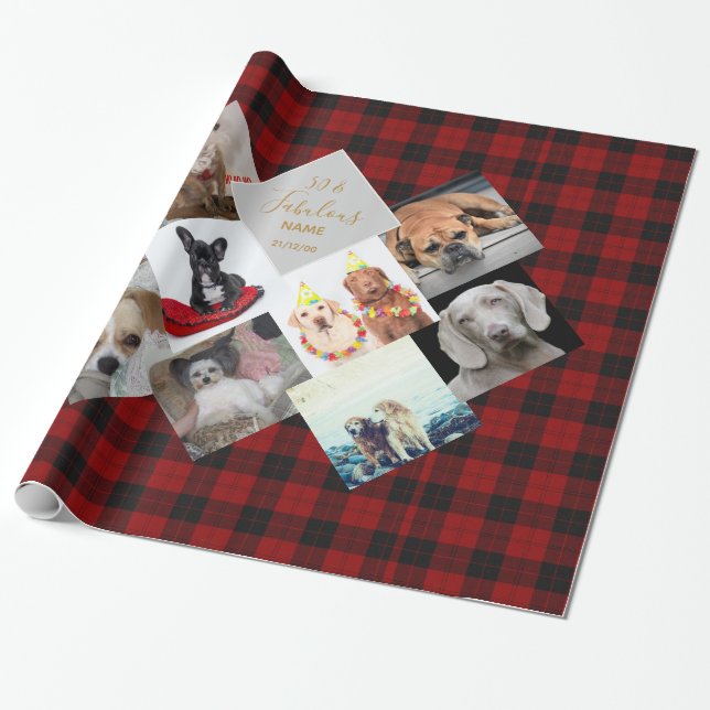 50th 40th 60th PHOTO Collage Buffalo Plaid Named Wrapping Paper (Unrolled)