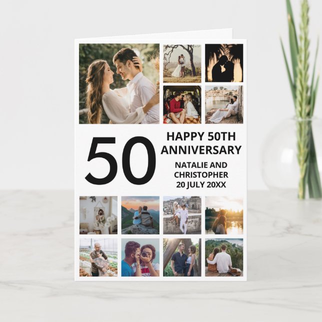 50th Anniversary 13 Photo Collage Black and White Card (Front)