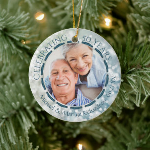 50th Anniversary, 2-Sided 2-Photo Teal/Blue/White Ceramic Tree Decoration