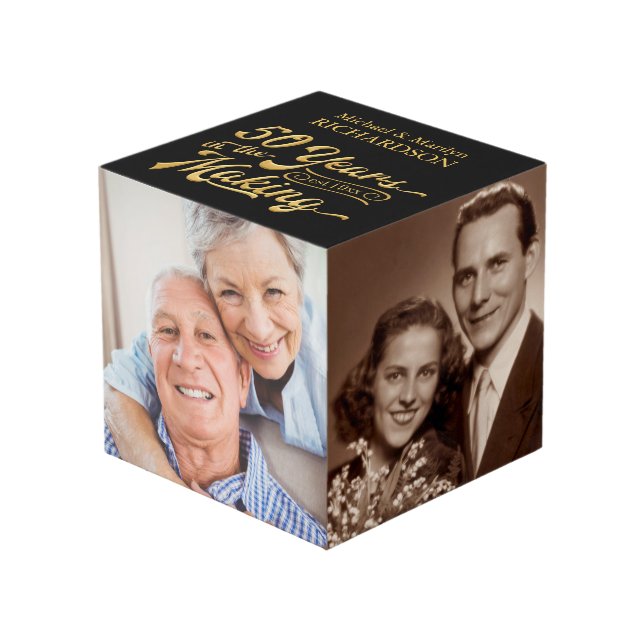 50th Anniversary 4 Photo Black & Gold Personalised Cube (Front Angled)