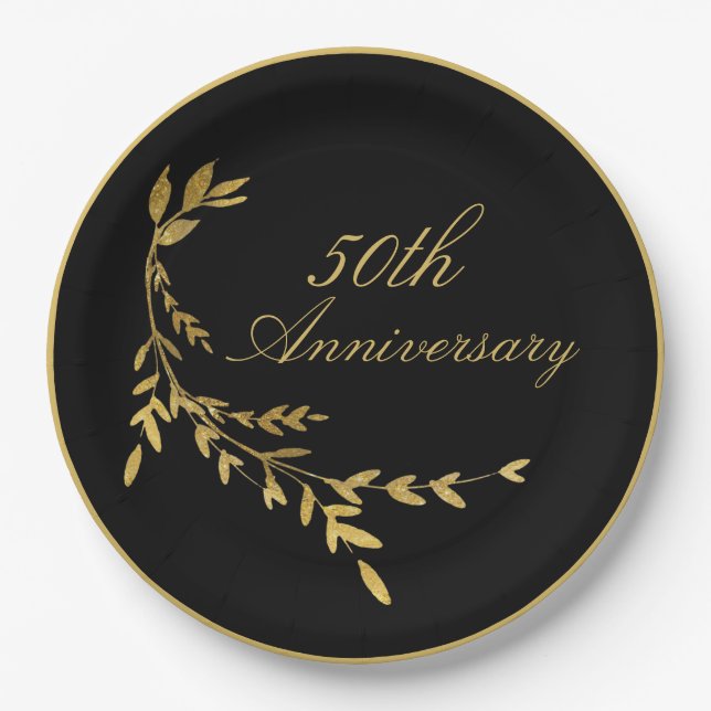 50th Anniversary 50 Fifty Black Gold Leaf Paper Plate (Front)