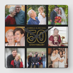 50th Anniversary 8 Photo Collage Black And Gold Square Wall Clock