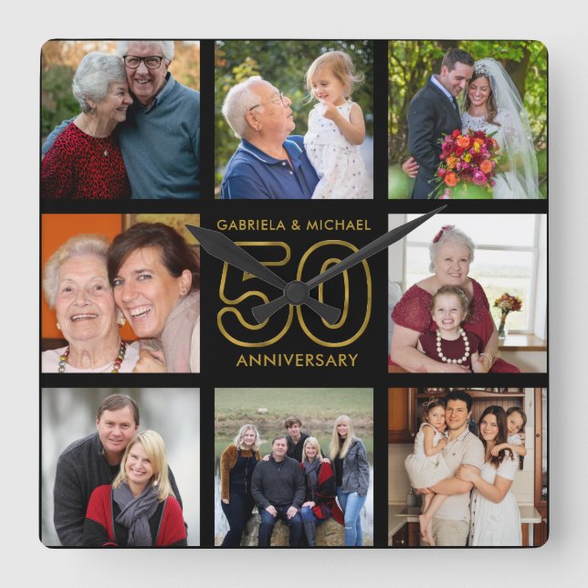 50th Anniversary 8 Photo Collage Black And Gold Square Wall Clock (Front)