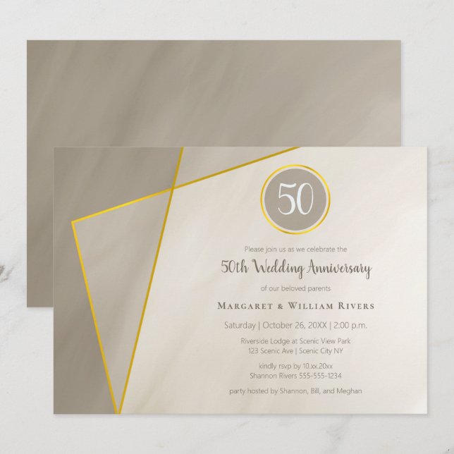 50th anniversary birthday antique grey gold frame invitation (Front/Back)