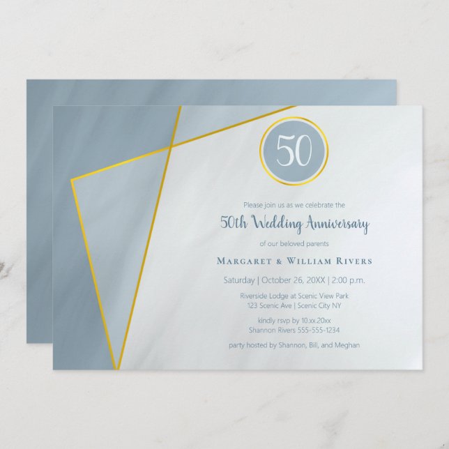 50th anniversary birthday dusty blue w gold frame invitation (Front/Back)