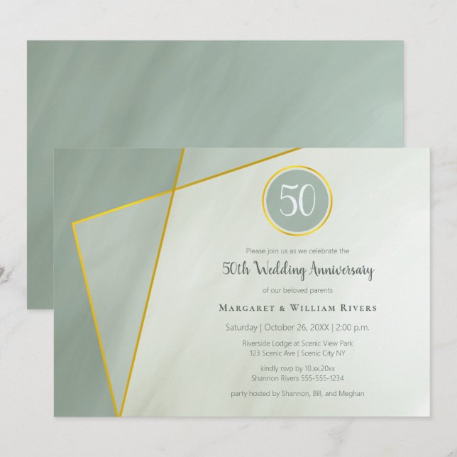 50th anniversary birthday greyed jade w gold frame invitation (Front/Back)