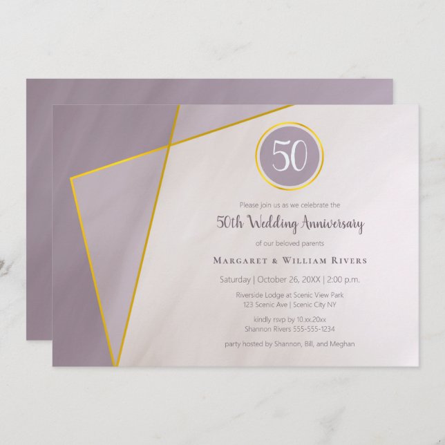 50th anniversary birthday muted plum w gold frame invitation (Front/Back)