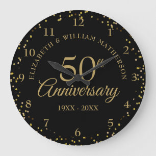 50th Anniversary Black And Gold Dust Confetti Large Clock