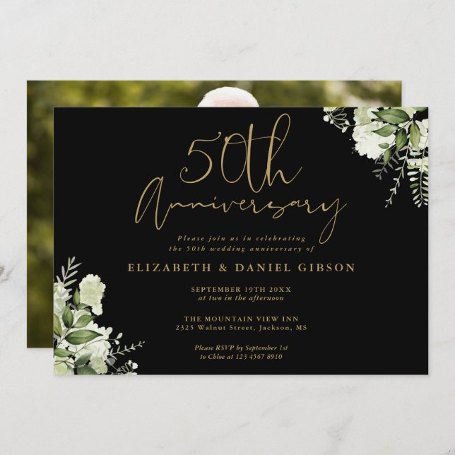 50th Anniversary Black And Gold Greenery Photo Invitation (Front/Back)